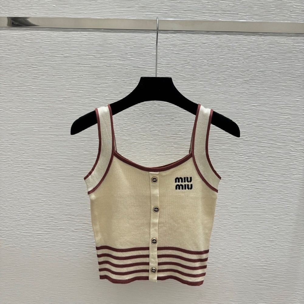 Miu Miu Cream and Burgundy Striped Knit Tank